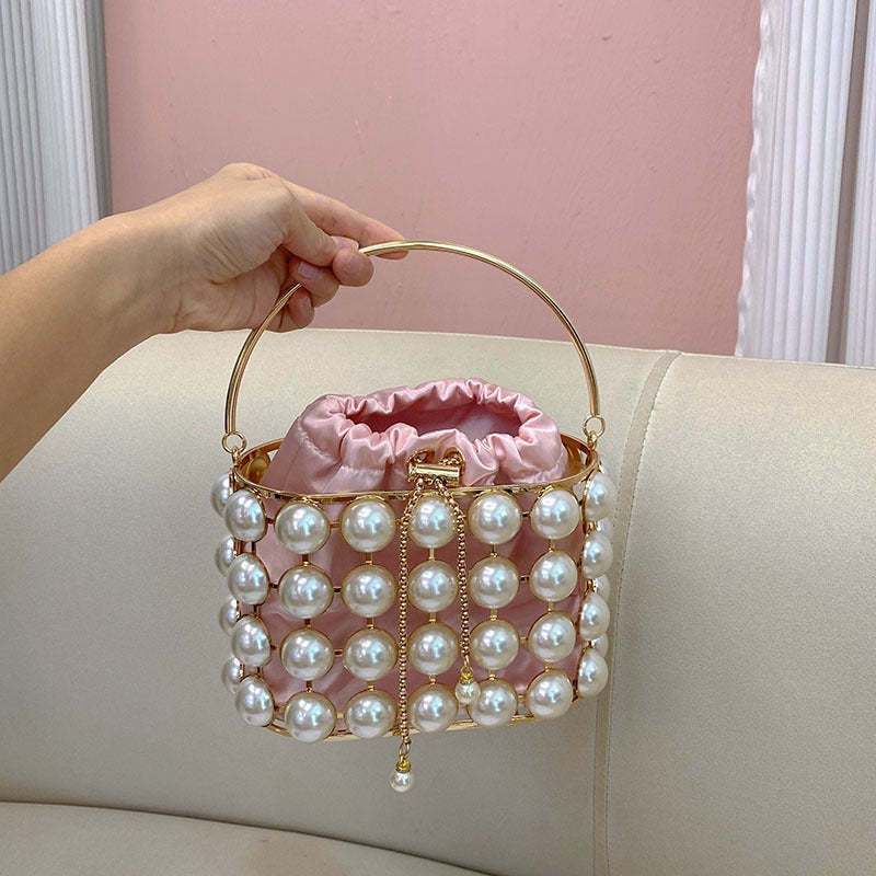 Elegant Champagne Velvet Evening Clutch Bag with White Pearls for Weddings and Parties