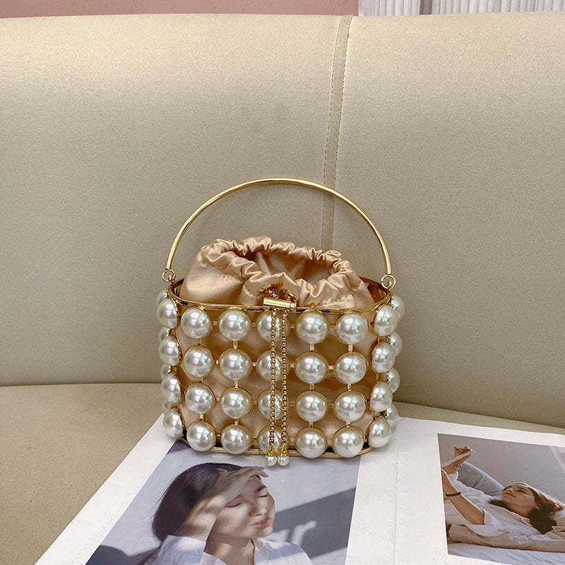 Elegant Champagne Velvet Evening Clutch Bag with White Pearls for Weddings and Parties