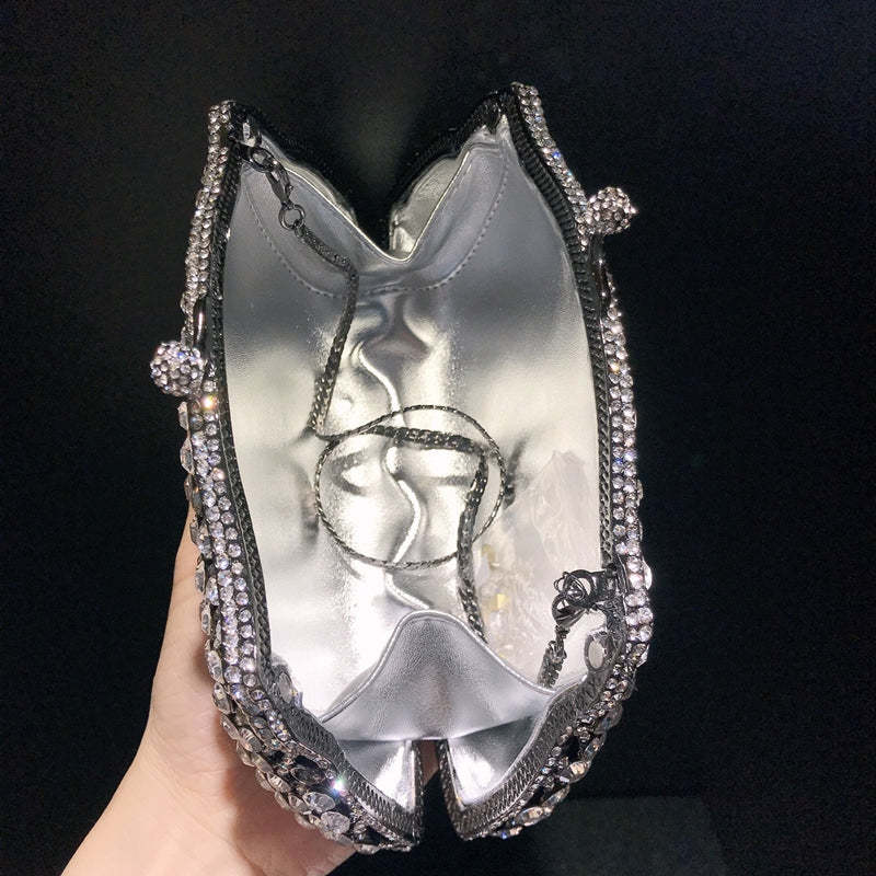 Retro Evening Party Clutch Bag in Metal with Skeleton Design and Irregular Rhinestones