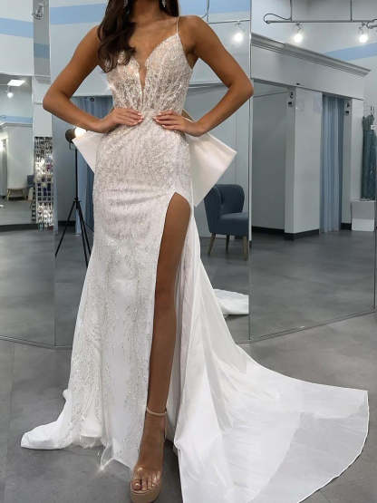 V-Neck Wedding Gown with Sequins, Spaghetti Straps, and a Side Split