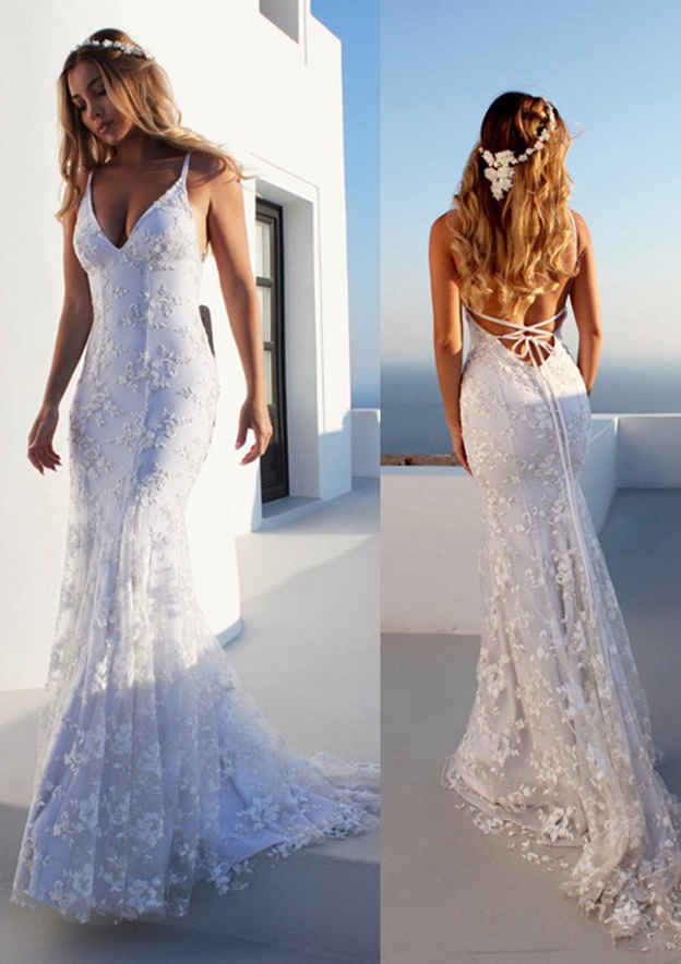 Floor-length Lace Wedding Dress with Trumpet/Mermaid Silhouette and Spaghetti Straps