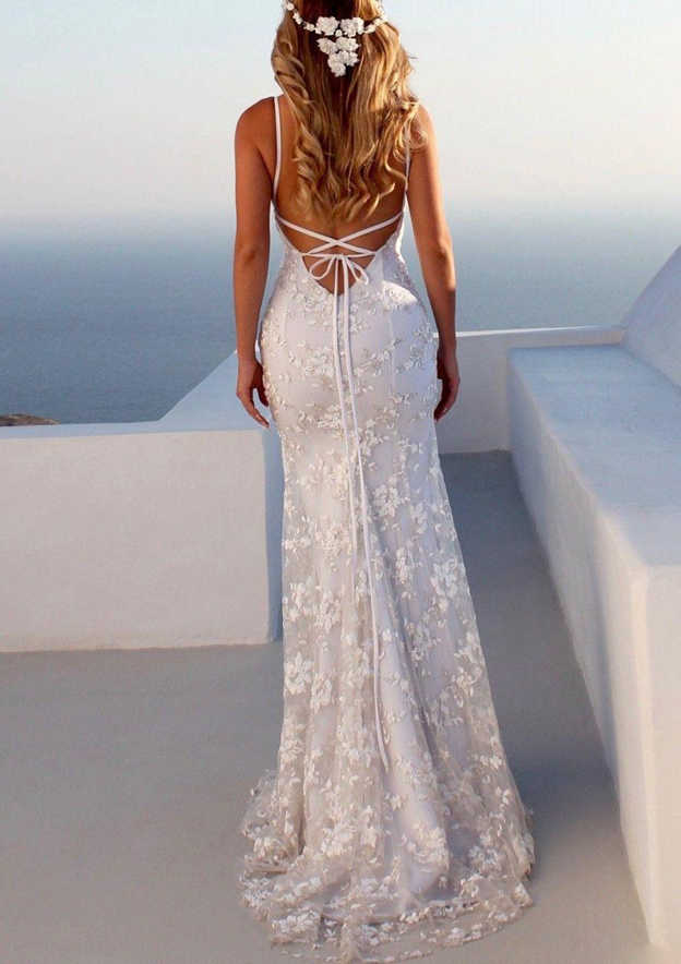 Floor-length Lace Wedding Dress with Trumpet/Mermaid Silhouette and Spaghetti Straps
