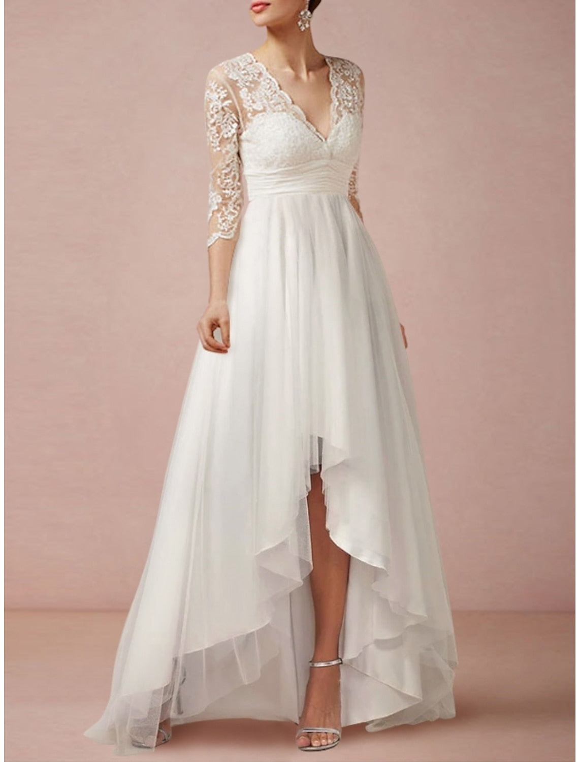 V-Neck A-Line Princess Wedding Dress with Asymmetrical Lace