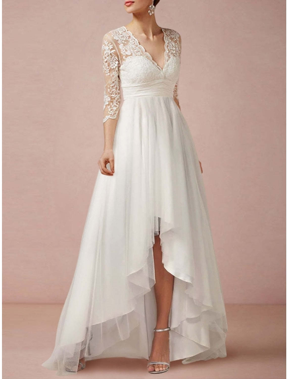 V-Neck A-Line Princess Wedding Dress with Asymmetrical Lace