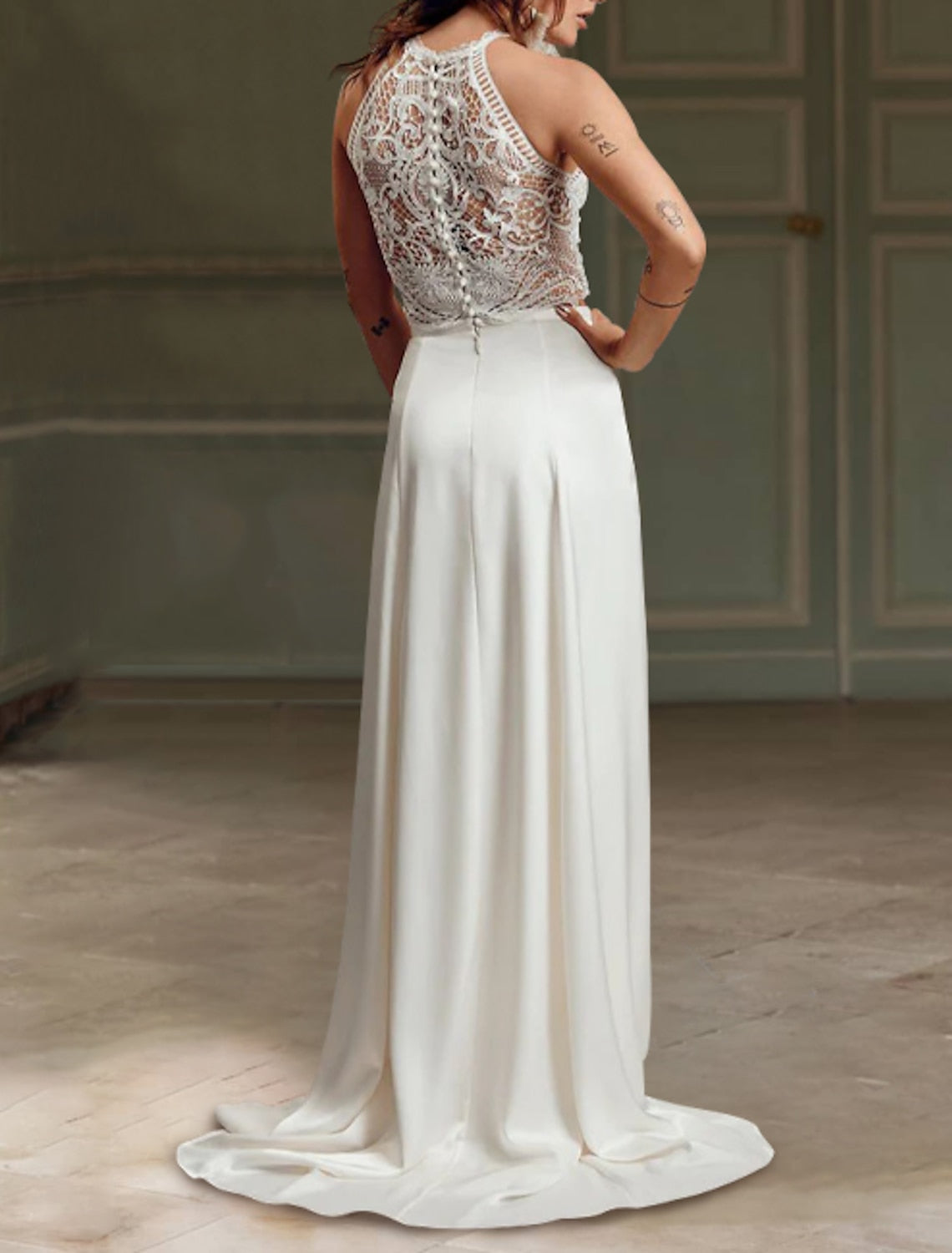 Floor-length Lace Wedding Gown with Sheath/Column Halter