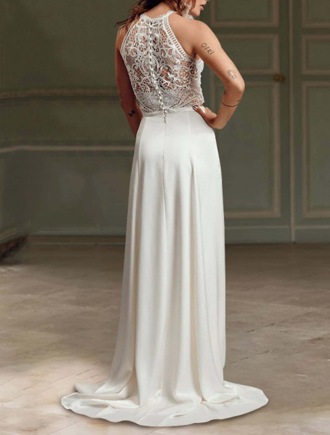 Floor-length Lace Wedding Gown with Sheath/Column Halter