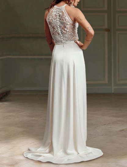 Floor-length Lace Wedding Gown with Sheath/Column Halter