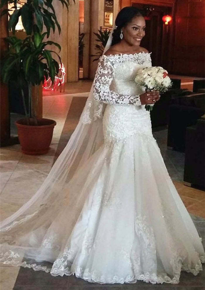 Off-the-Shoulder Floor-Length Lace Wedding Gown with Sheath/Column Silhouette