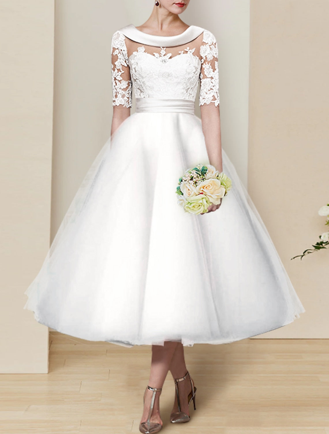 Tea-length Lace Wedding Dress with Scoop Ball Gown