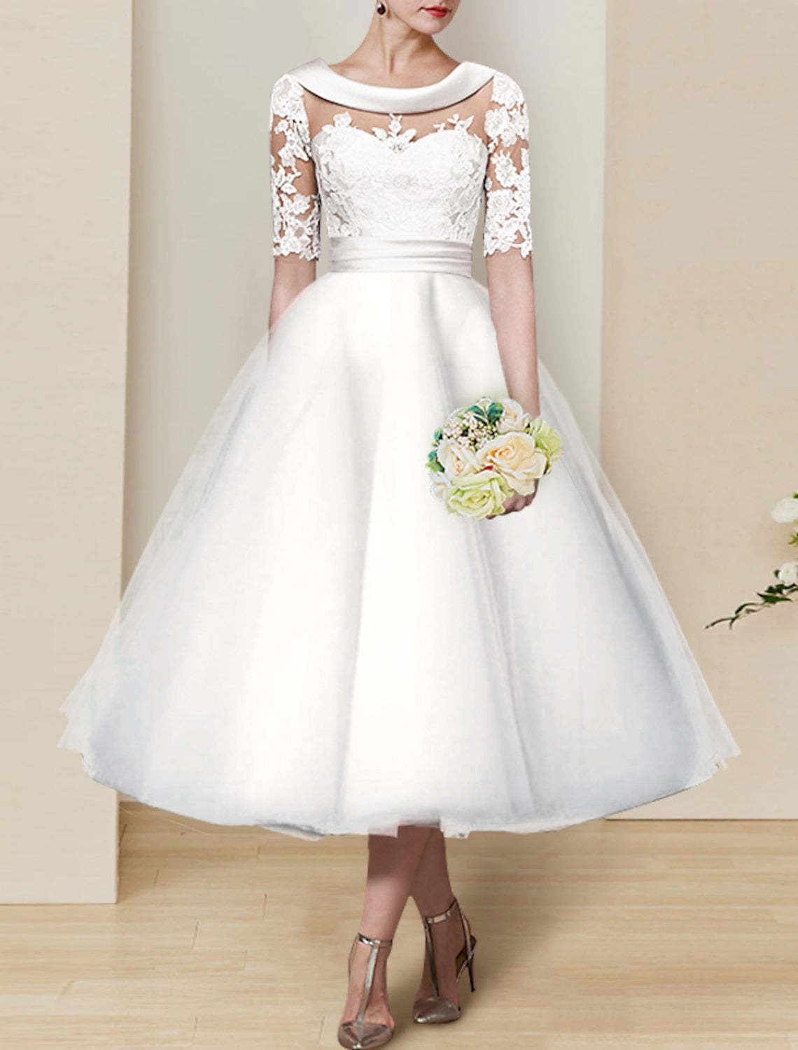 Tea-length Lace Wedding Dress with Scoop Ball Gown