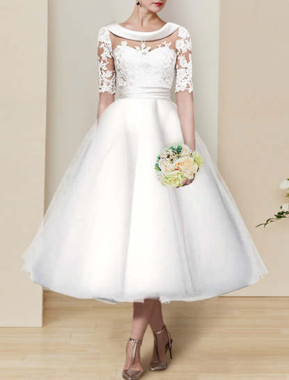 Tea-length Lace Wedding Dress with Scoop Ball Gown