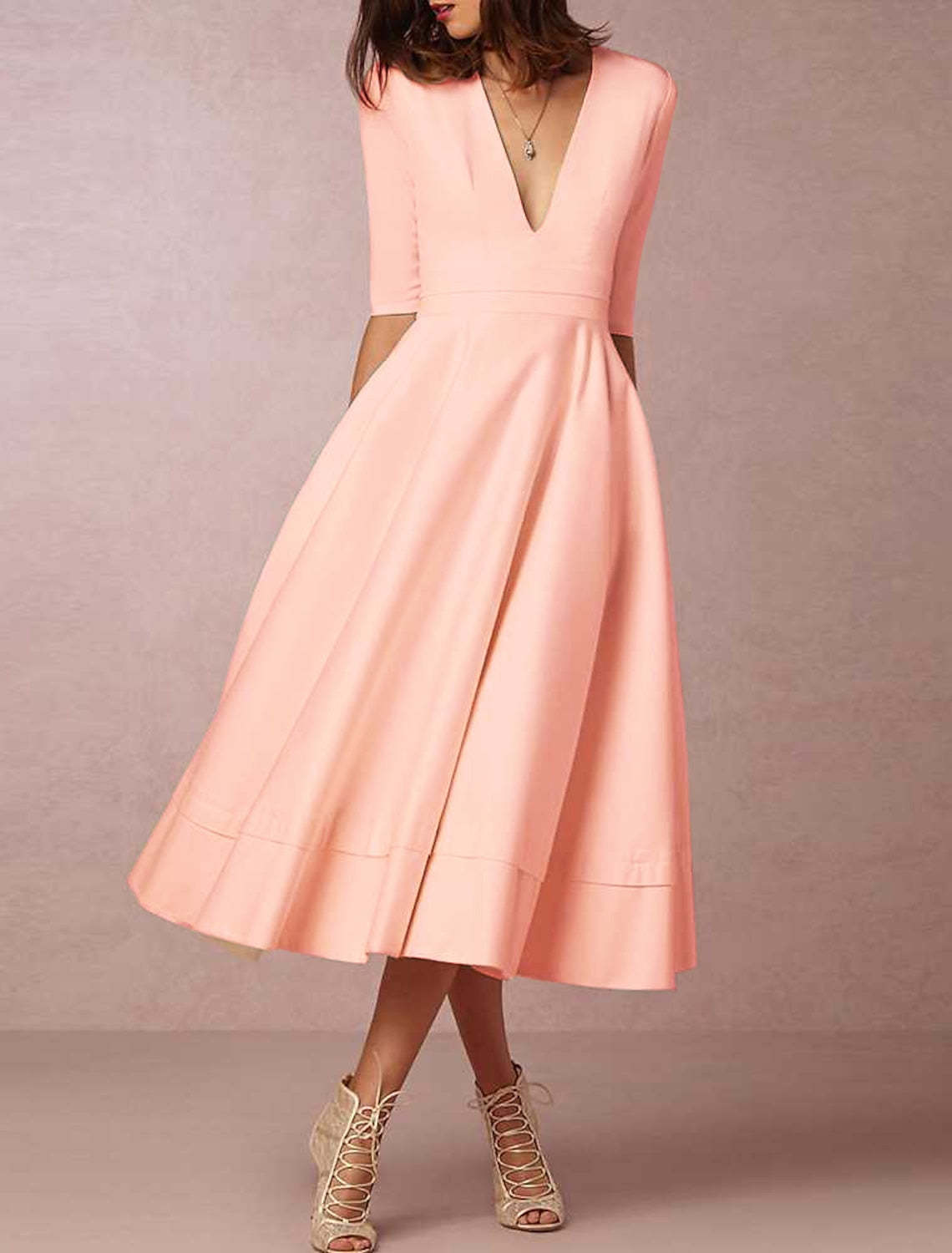 V-Neck Princess A-Line Tea-Length Bridal Gown