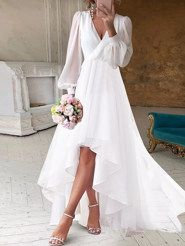 V-Neck A-Line Princess Asymmetrical Bridal Gown