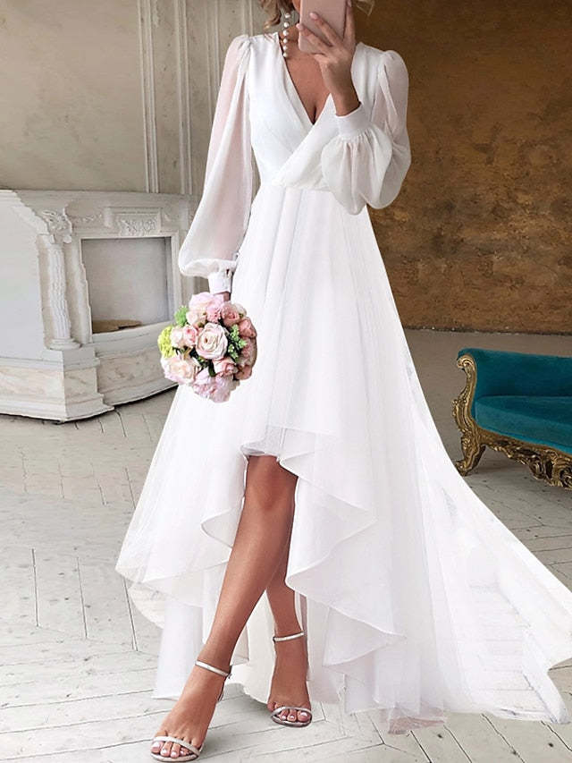 V-Neck A-Line Princess Asymmetrical Bridal Gown