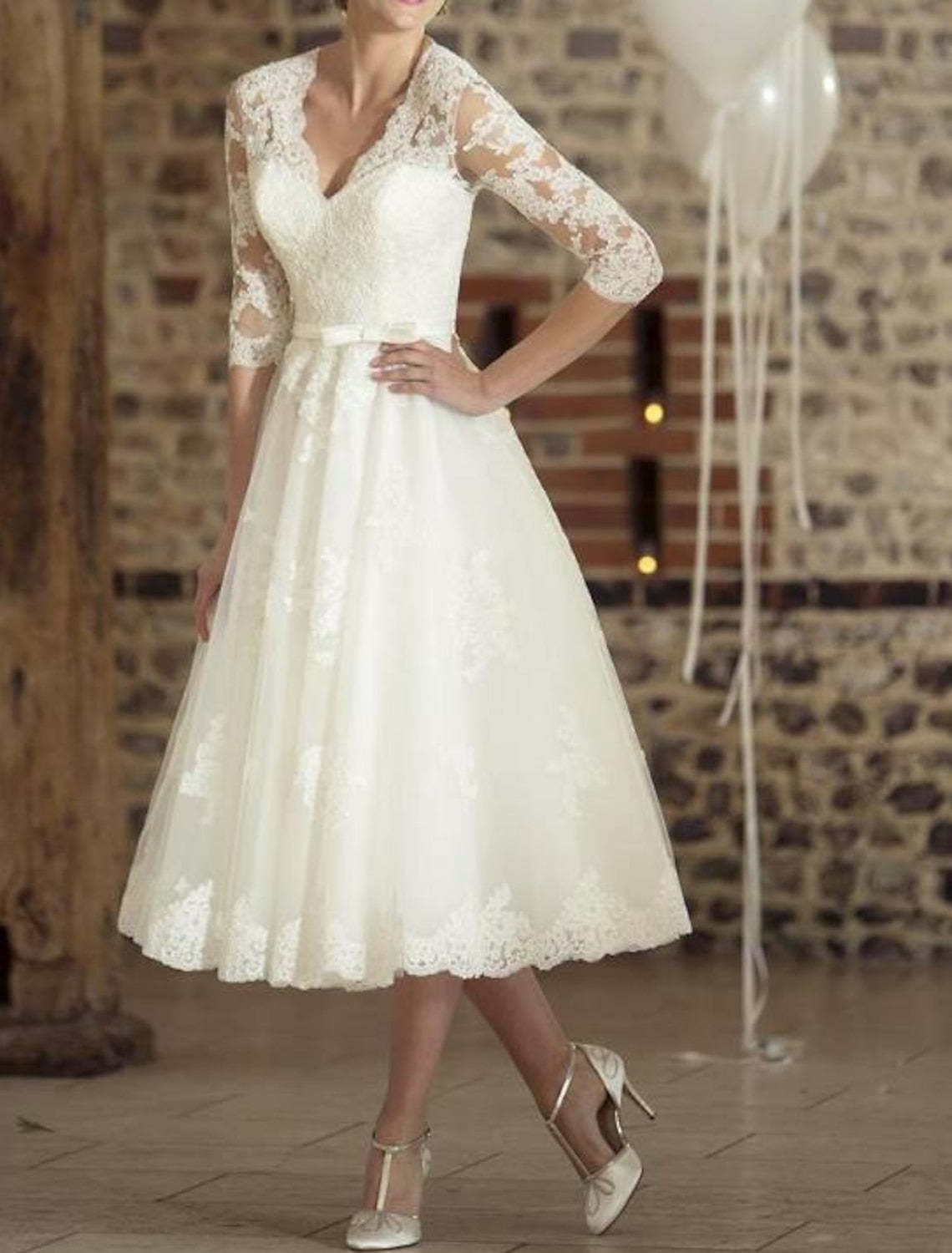 V-Neck Princess A-Line Tea-Length Lace Bridal Gown