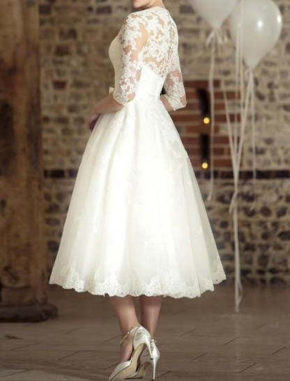 V-Neck Princess A-Line Tea-Length Lace Bridal Gown