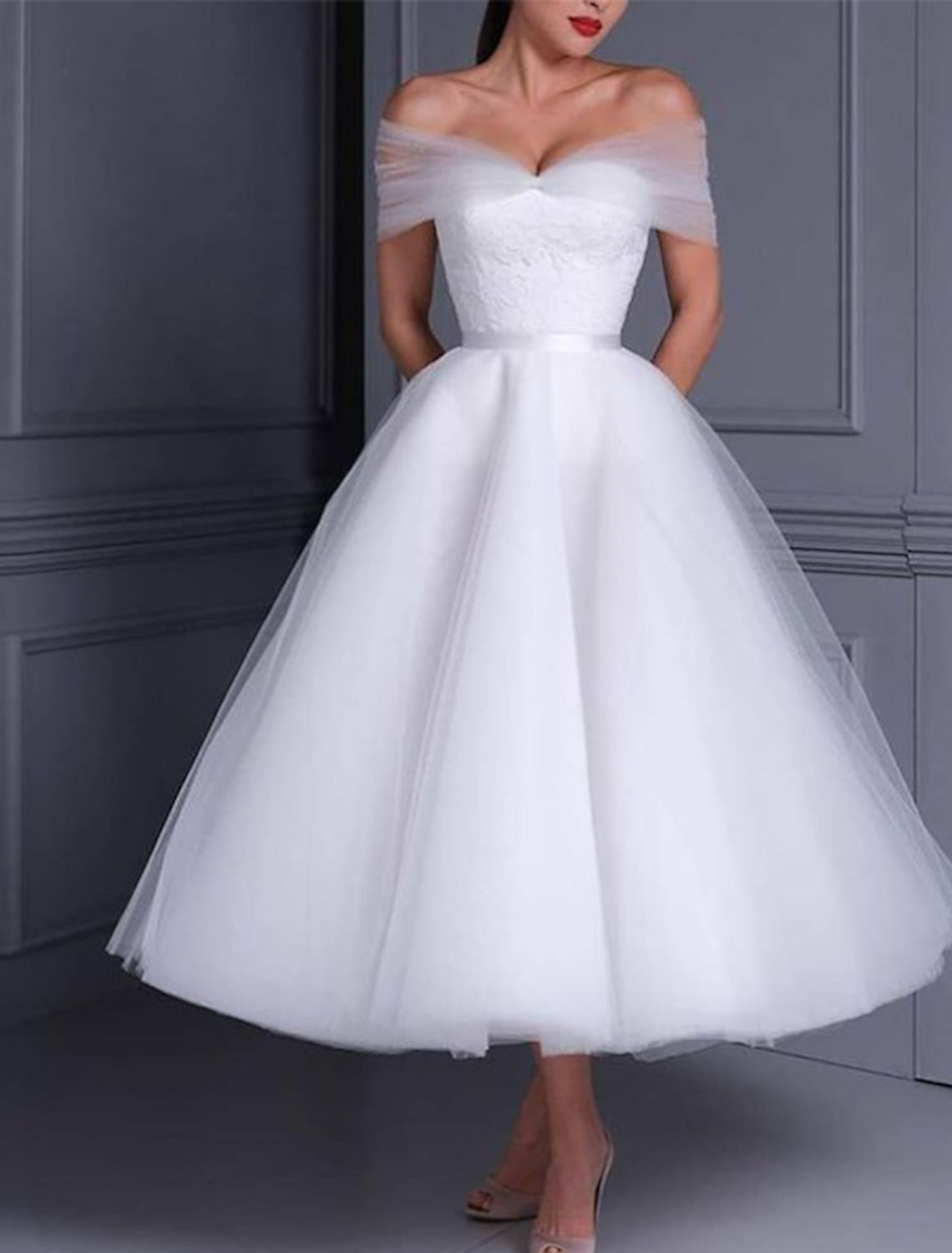 Off-the-Shoulder Tea-length Lace Ball Gown for Weddings