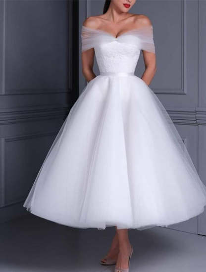 Off-the-Shoulder Tea-length Lace Ball Gown for Weddings