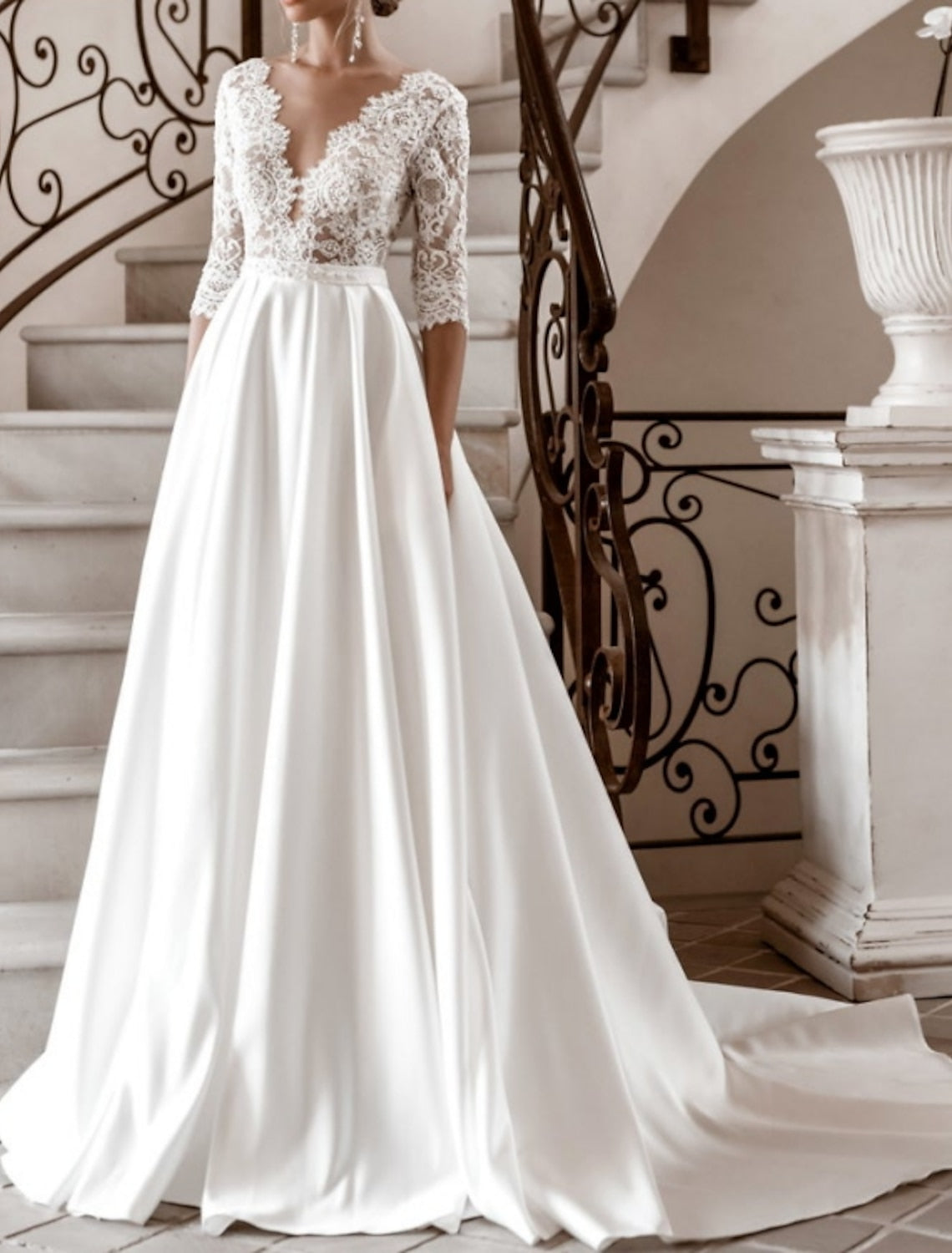 V-Neck Princess A-Line Wedding Gown with Floor-Length Lace
