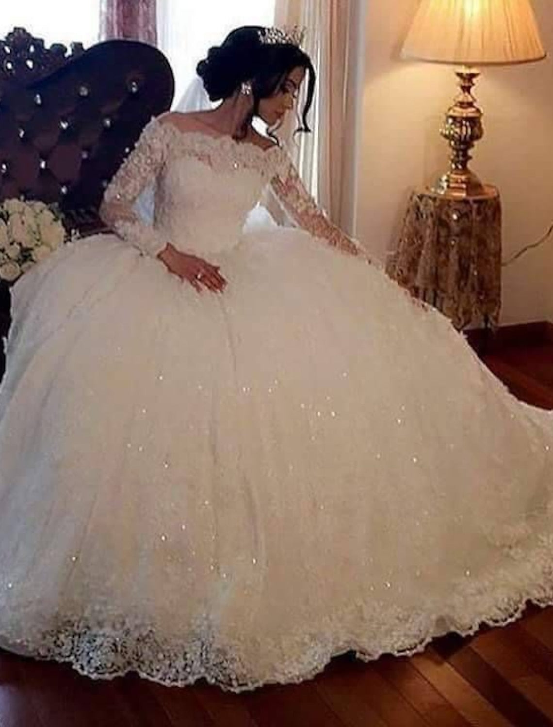 Off-the-Shoulder Lace Ball Gown Wedding Dress with Floor-length Hem