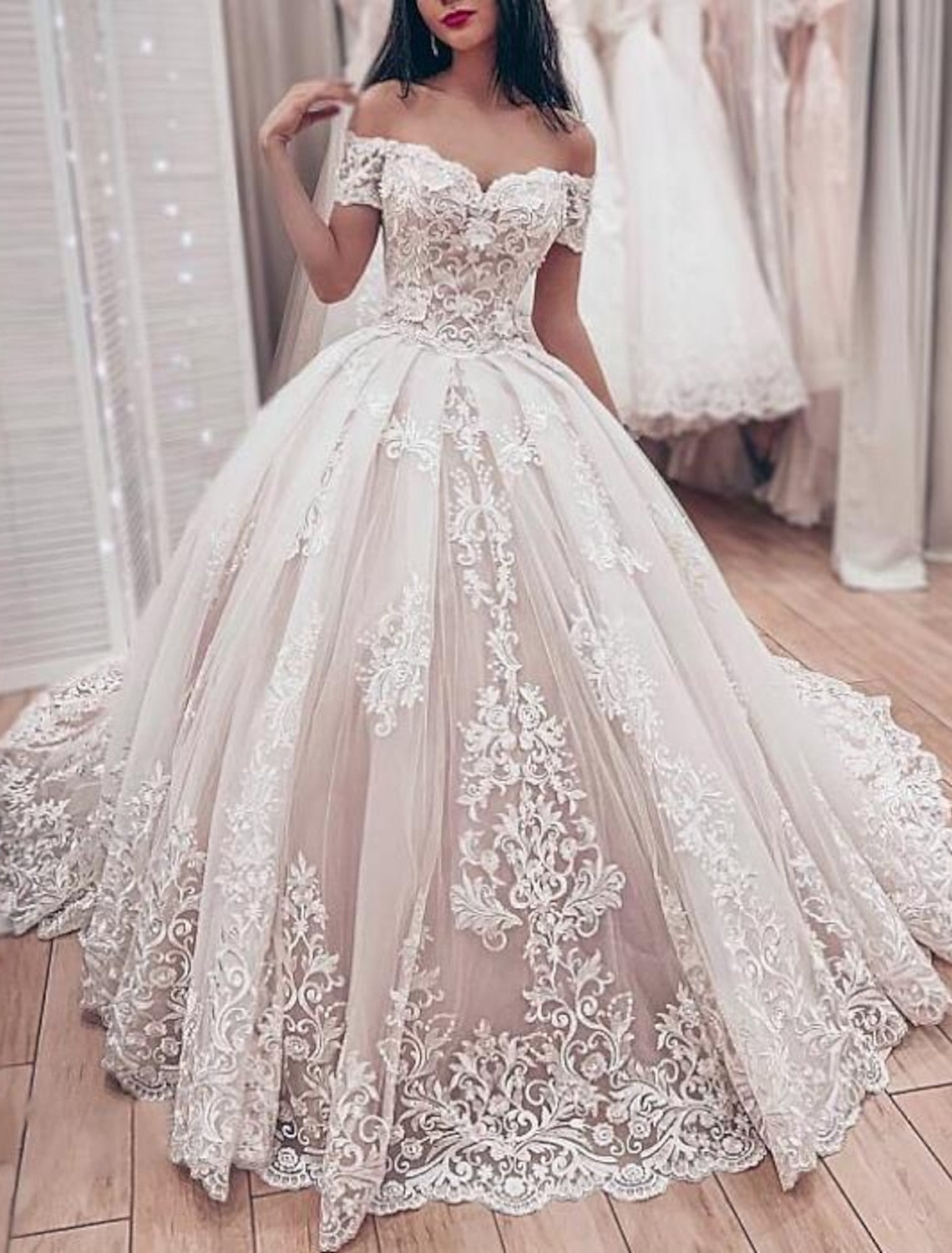 Off-the-Shoulder Ball Gown Wedding Dress with Floor-length Lace