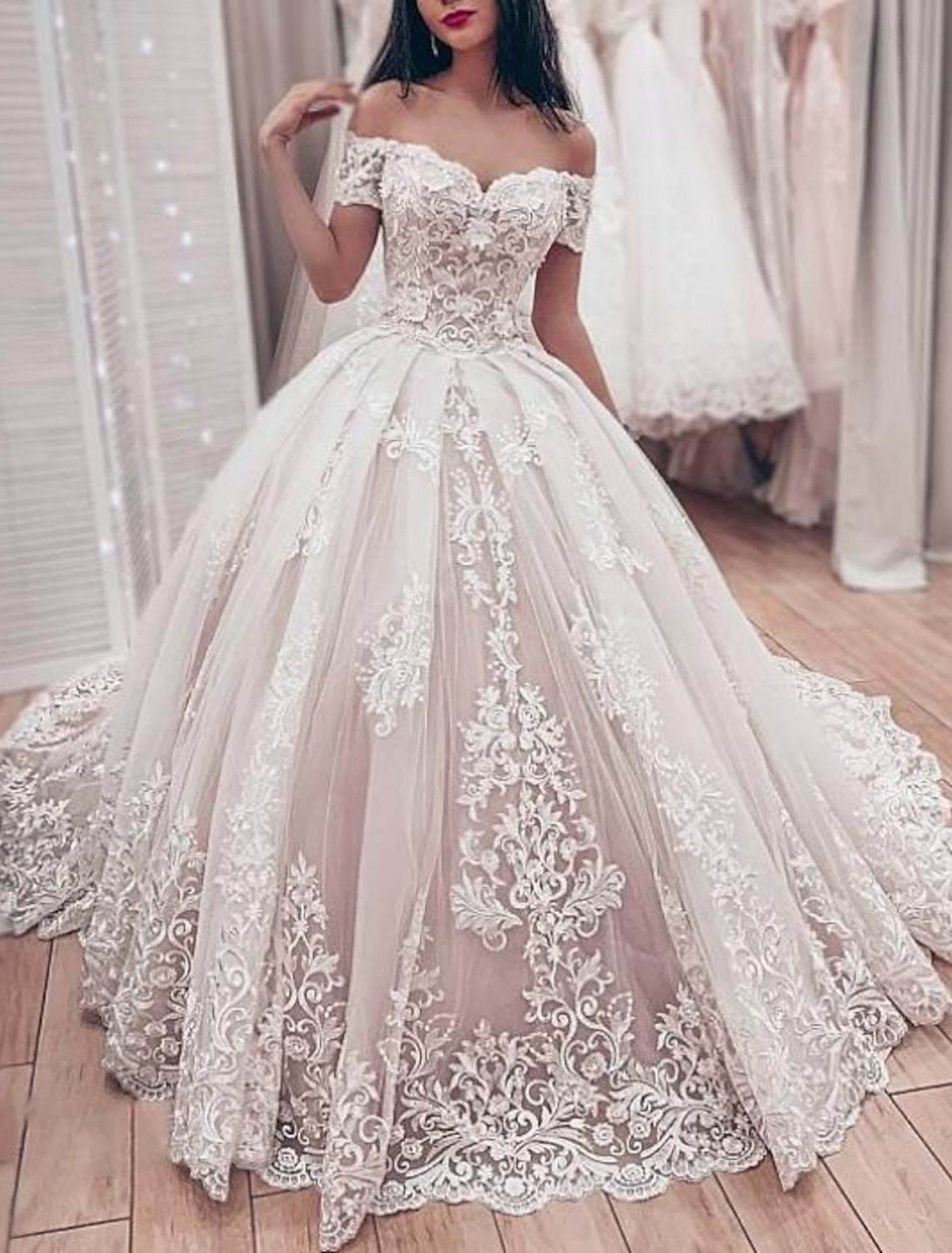 Off-the-Shoulder Ball Gown Wedding Dress with Floor-length Lace