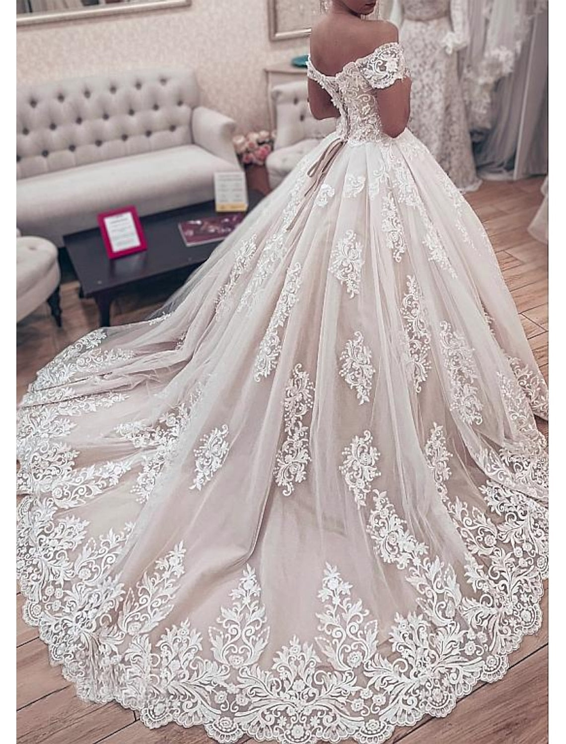 Off-the-Shoulder Ball Gown Wedding Dress with Floor-length Lace