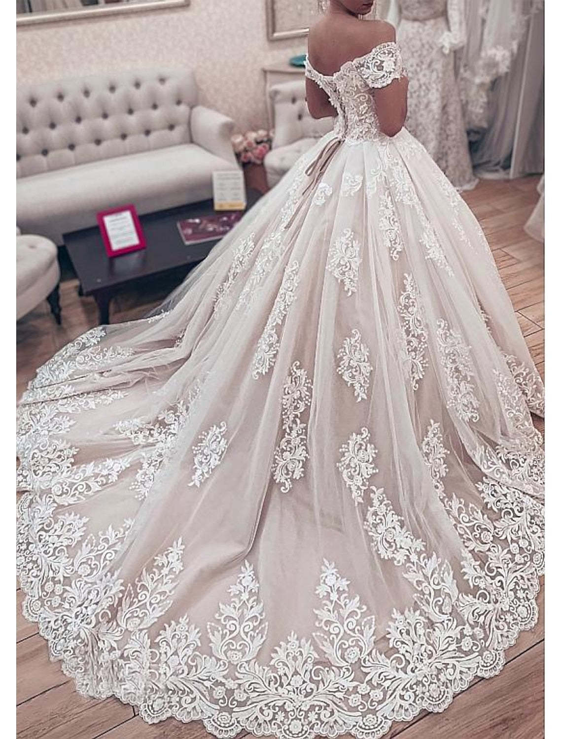 Off-the-Shoulder Ball Gown Wedding Dress with Floor-length Lace