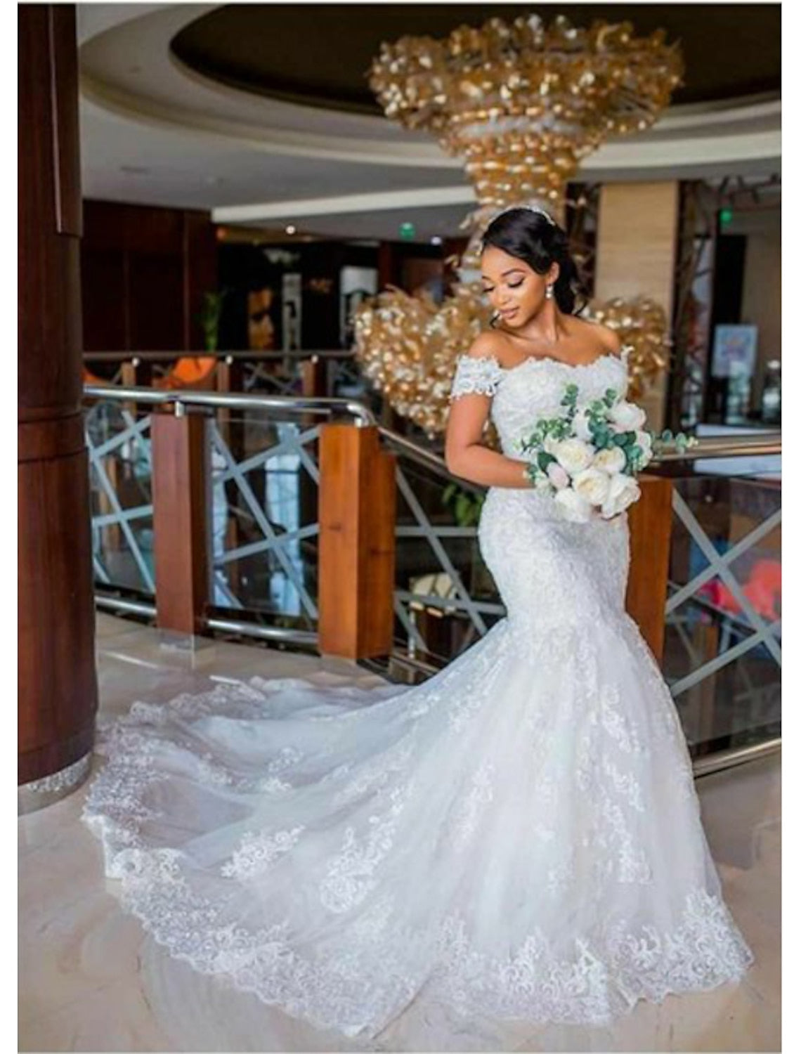 Off-the-Shoulder Floor-length Lace Wedding Dress in Trumpet/Mermaid Style