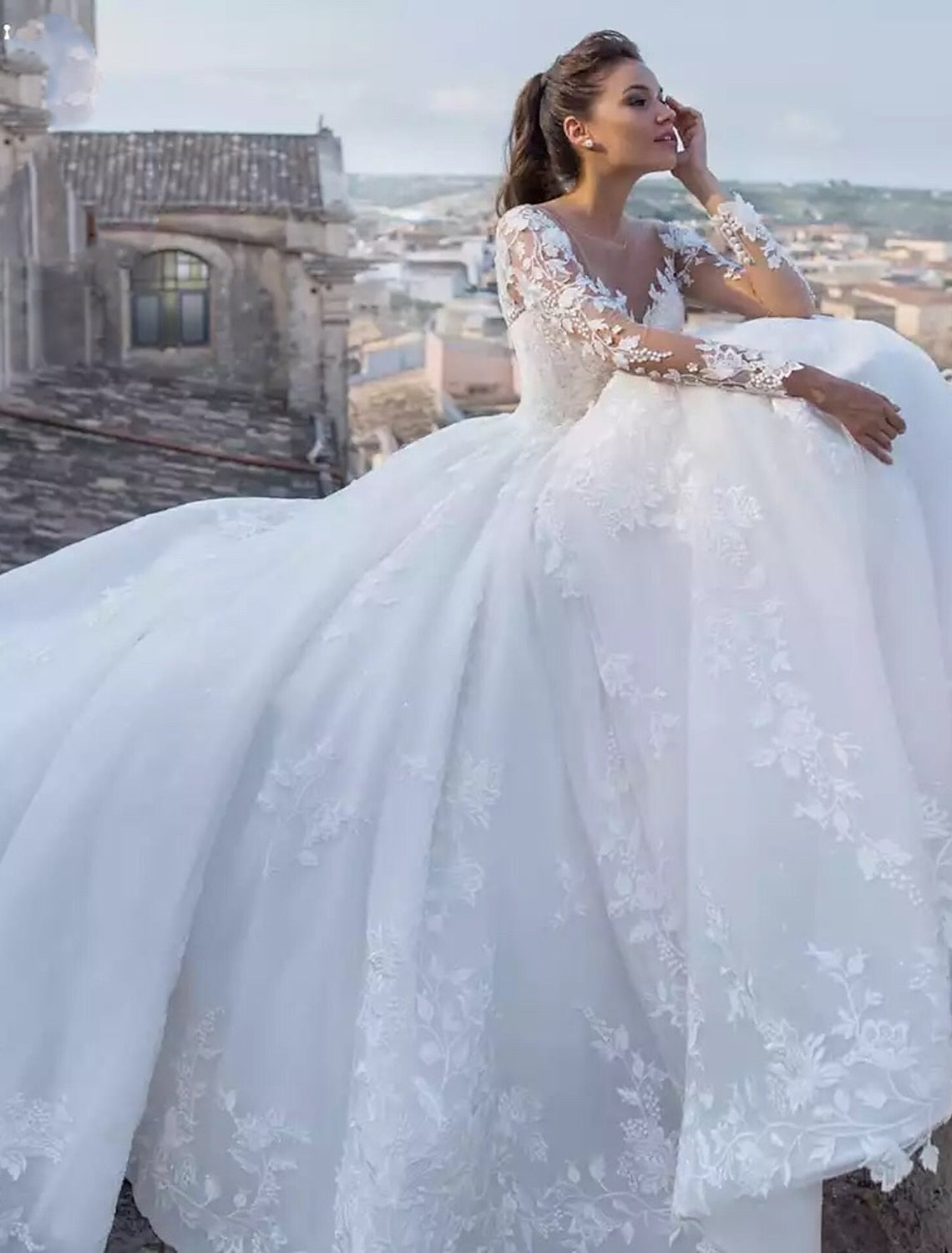 V-Neck Lace Ball Gown Wedding Dress with Floor-length Hem