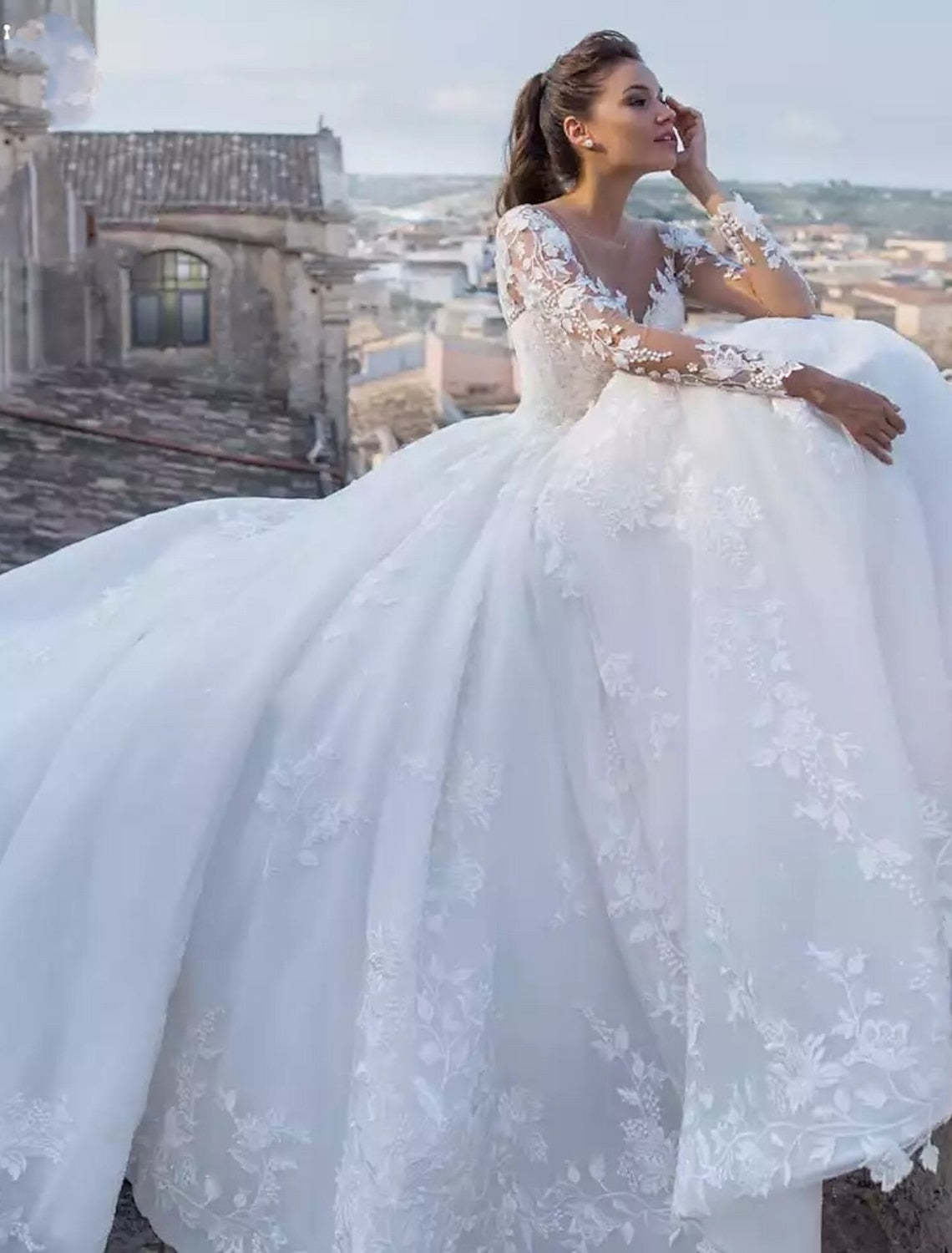 V-Neck Lace Ball Gown Wedding Dress with Floor-length Hem