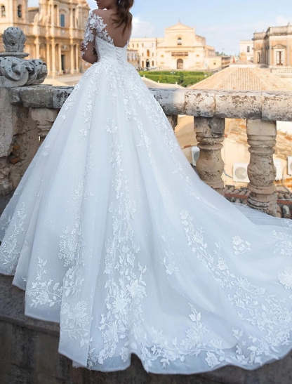 V-Neck Lace Ball Gown Wedding Dress with Floor-length Hem