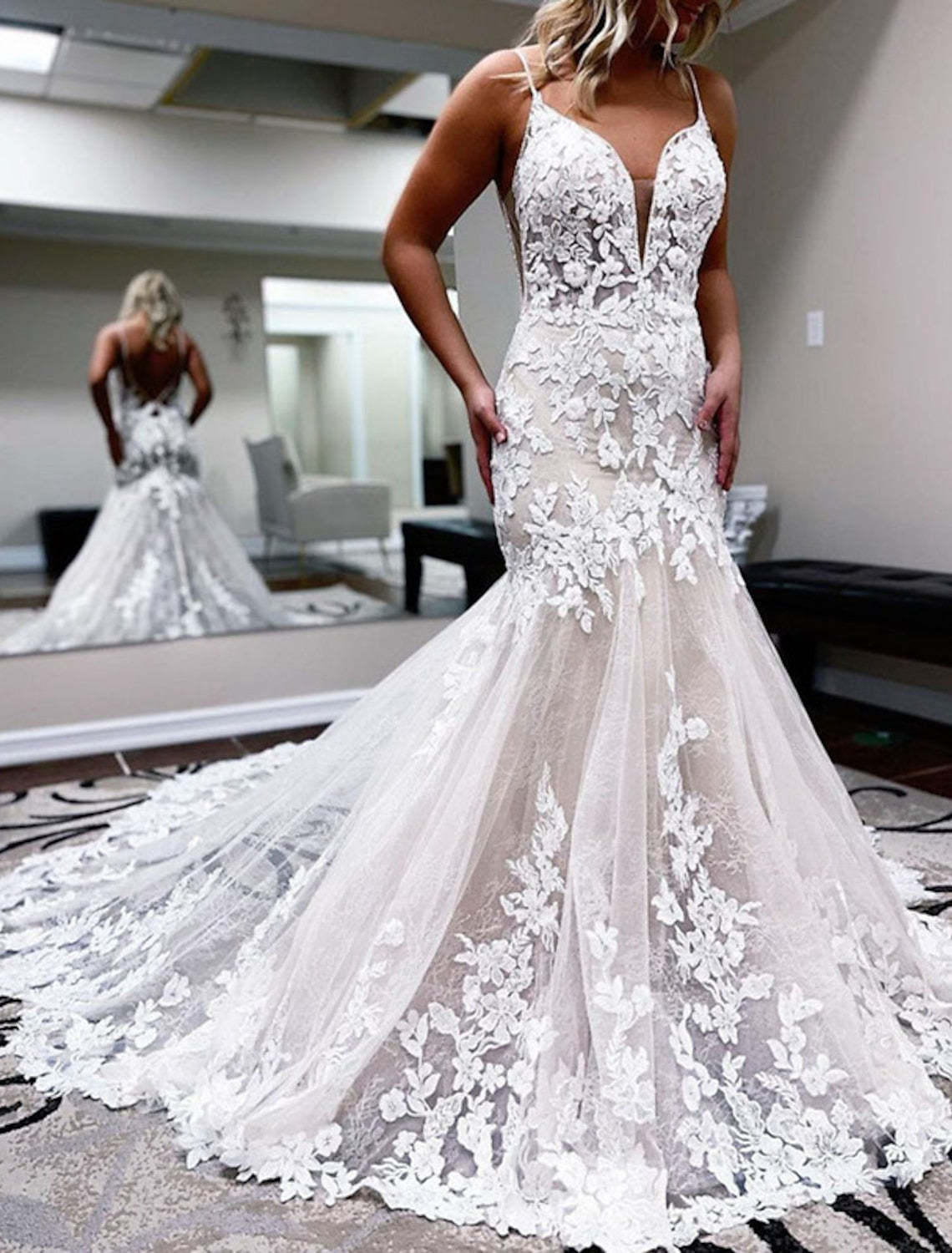 Floor-length Lace Wedding Gown with Trumpet/Mermaid Silhouette and Spaghetti Straps