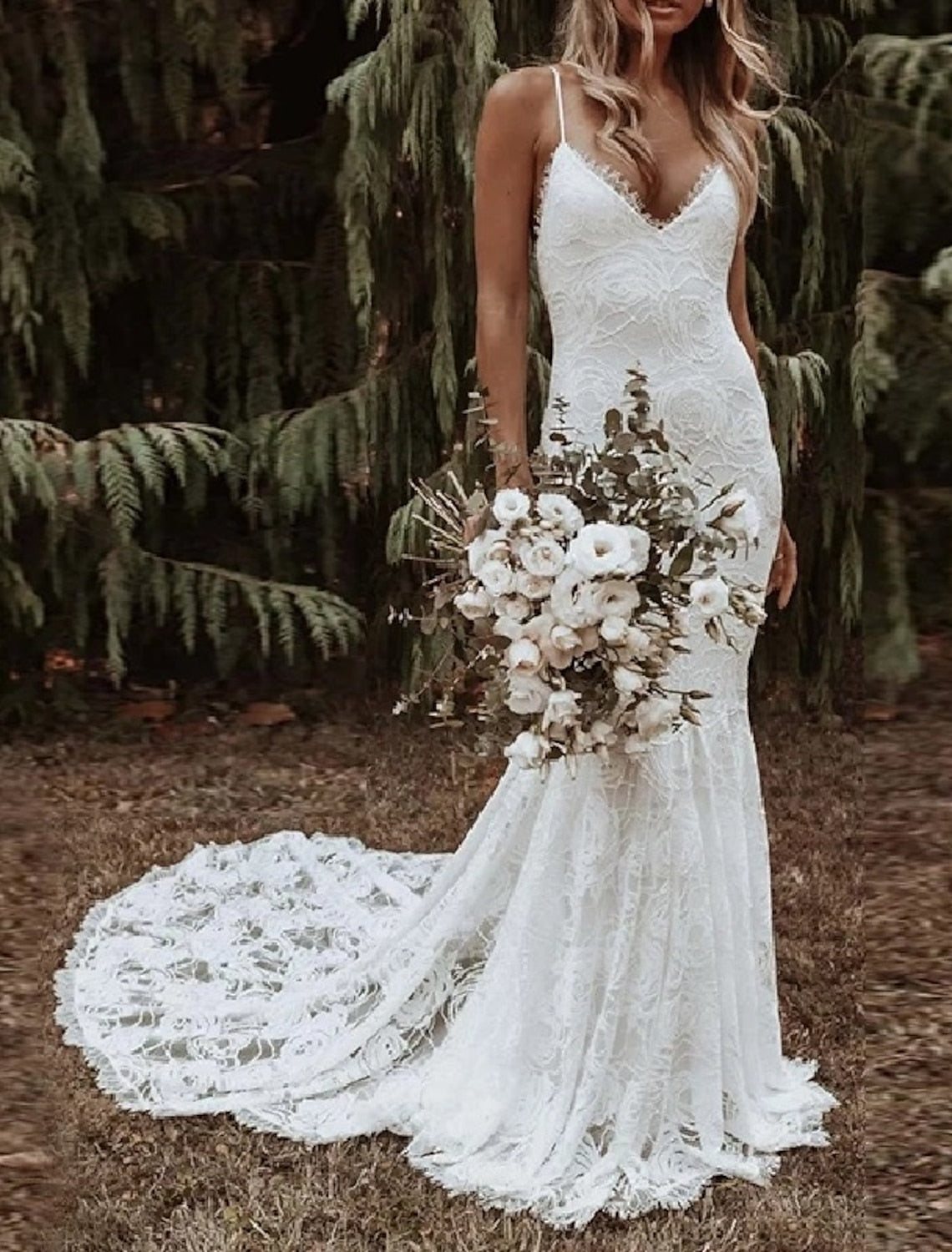 Floor-length Lace Wedding Gown with Trumpet/Mermaid Silhouette and Spaghetti Straps