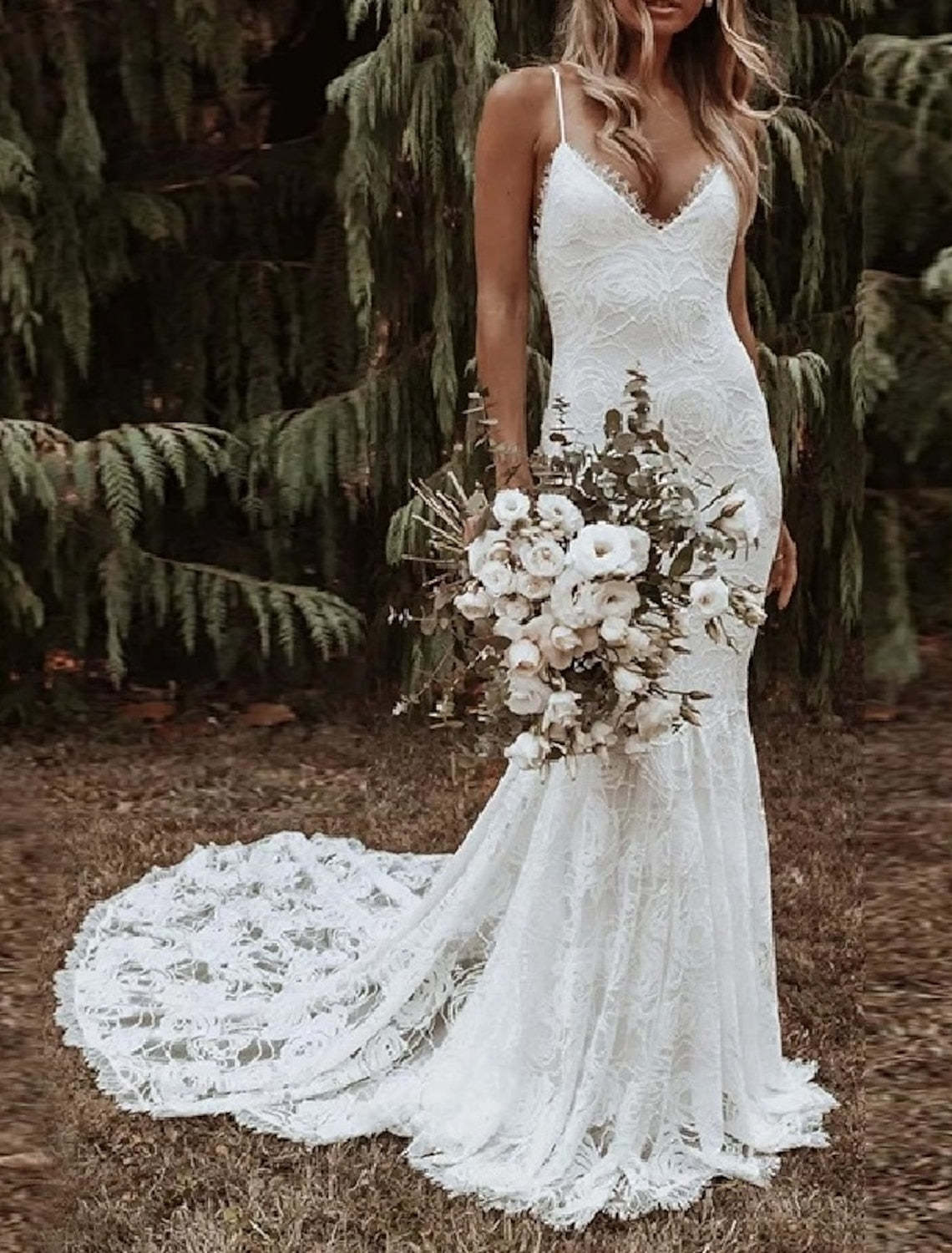 Floor-length Lace Wedding Gown with Trumpet/Mermaid Silhouette and Spaghetti Straps