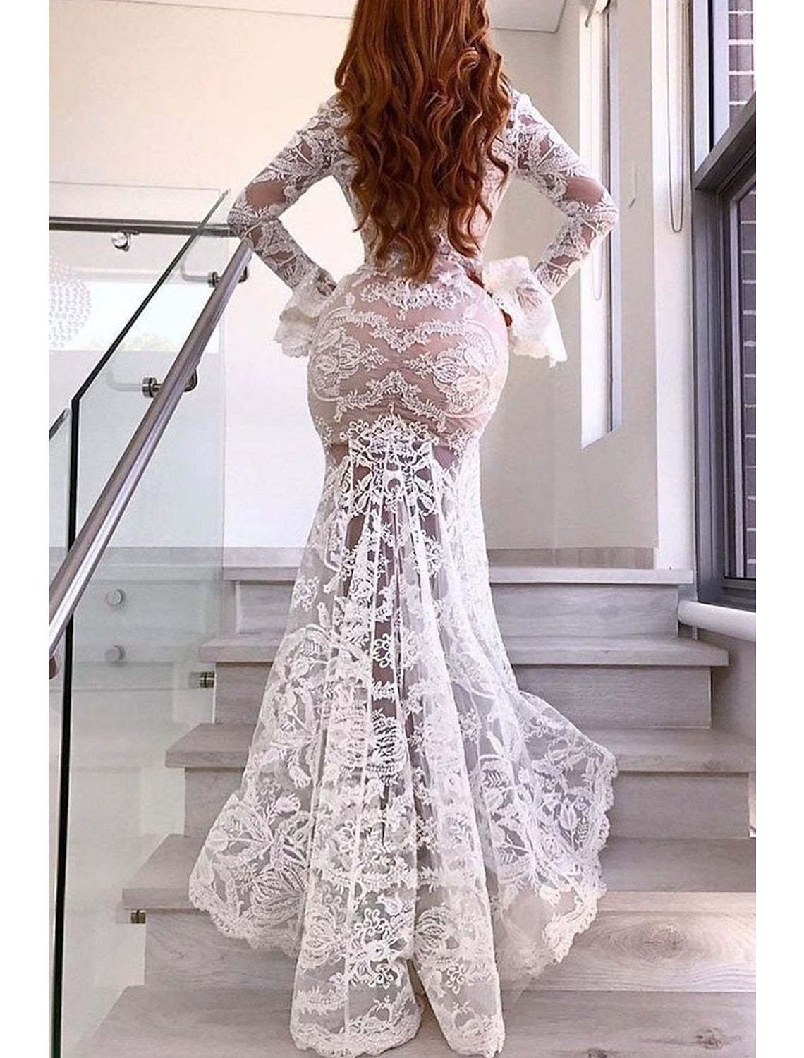 Mermaid/Trumpet Lace V-Neck Wedding Gown with Floor-length Hem
