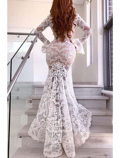 Mermaid/Trumpet Lace V-Neck Wedding Gown with Floor-length Hem