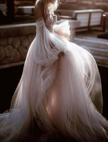 Off-the-Shoulder Princess A-Line Floor-Length Lace Bridal Gown