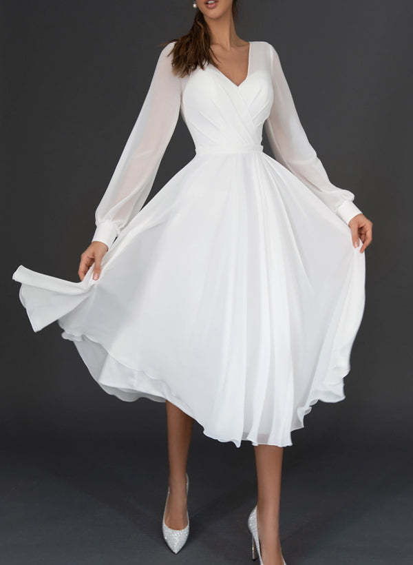 V-Neck Tea-Length A-Line Princess Wedding Dress