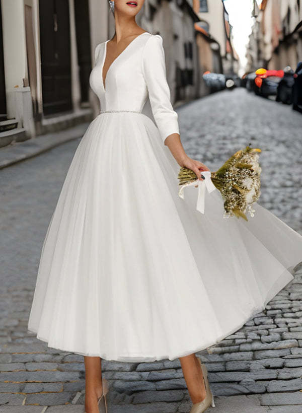 V-Neck A-Line Princess Tea-Length Bridal Gown