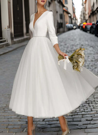 V-Neck A-Line Princess Tea-Length Bridal Gown