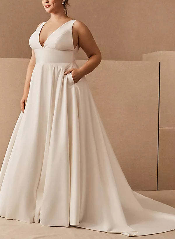 Plus Size V-Neck A-Line Princess Wedding Dress Featuring Pockets