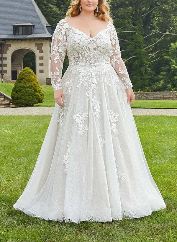 Plus Size Lace Wedding Dress with Applique in A-Line/Princess V-Neck Long Sleeves