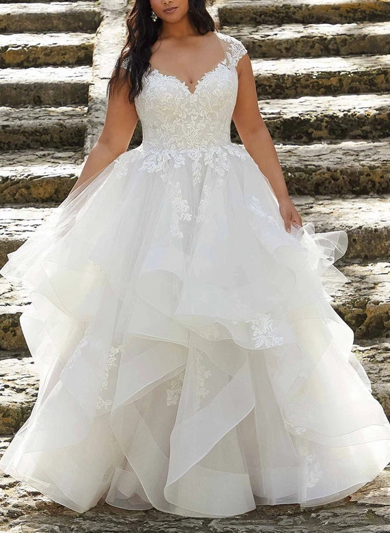 Plus Size V-Neck A-Line Princess Wedding Dress Featuring Lace, Applique, and Ruffles