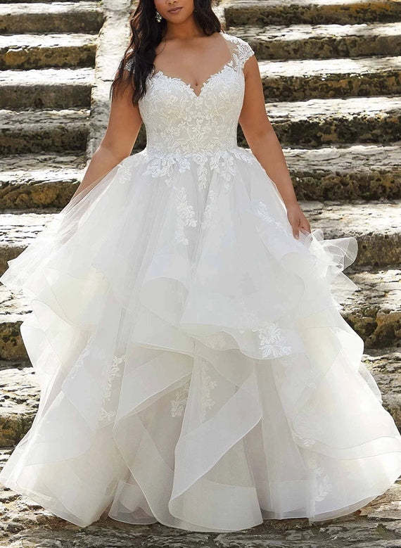 Plus Size V-Neck A-Line Princess Wedding Dress Featuring Lace, Applique, and Ruffles