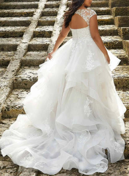 Plus Size V-Neck A-Line Princess Wedding Dress Featuring Lace, Applique, and Ruffles