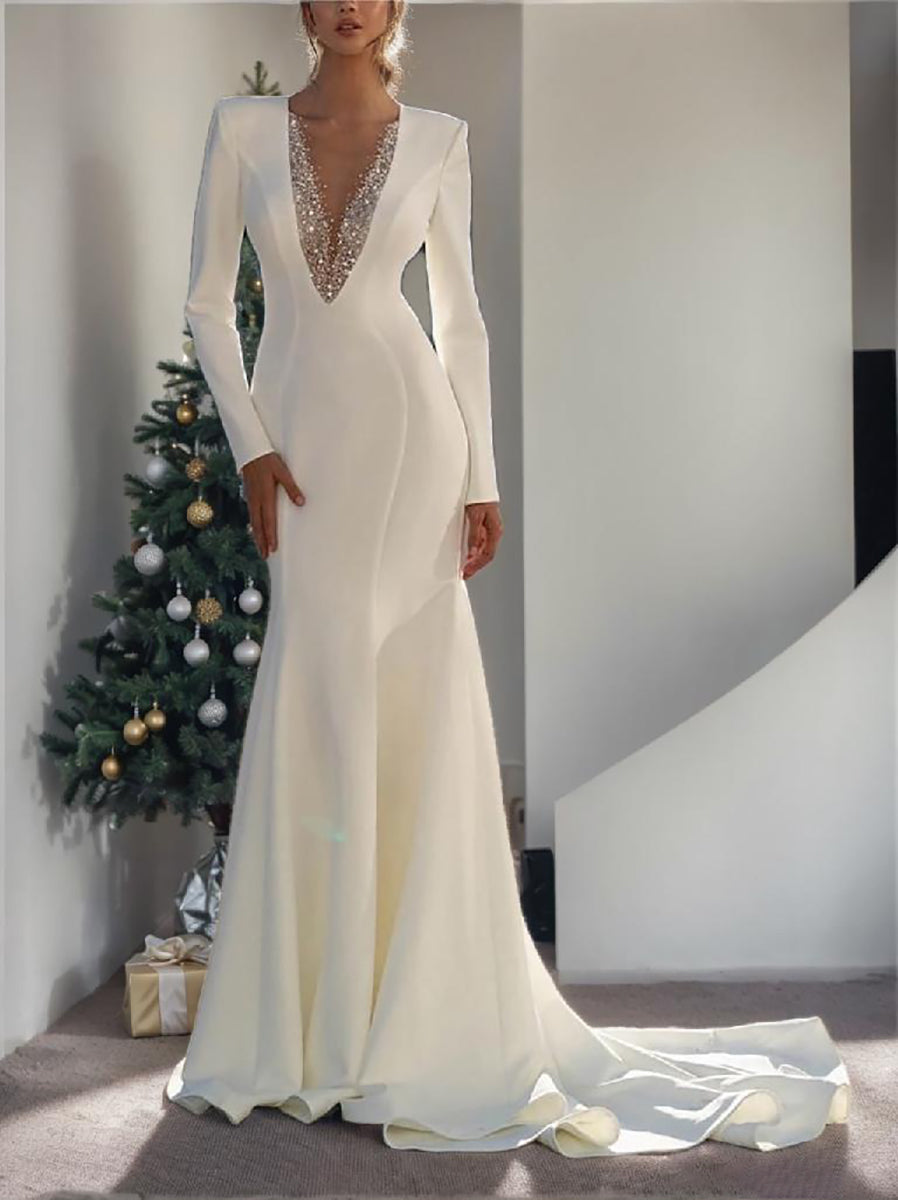 Floor-Length V-Neck Mermaid Wedding Dresses with Beading and Long Sleeves