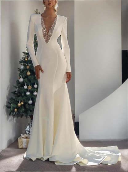 Floor-Length V-Neck Mermaid Wedding Dresses with Beading and Long Sleeves