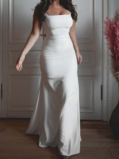 Mermaid Square Neck Floor-Length Bridal Gown with Trumpet Silhouette