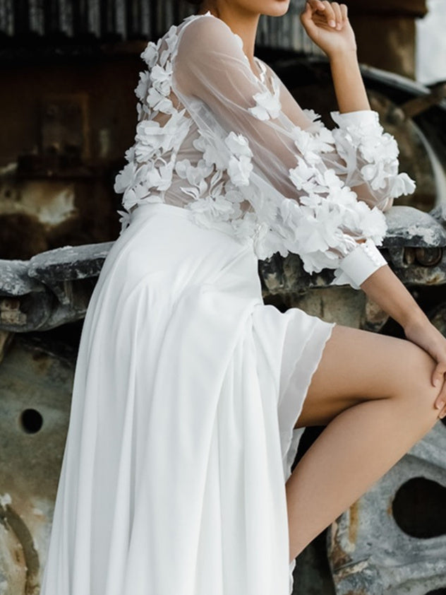 V-Neck A-Line Princess Wedding Dress with Floor-Length Appliques